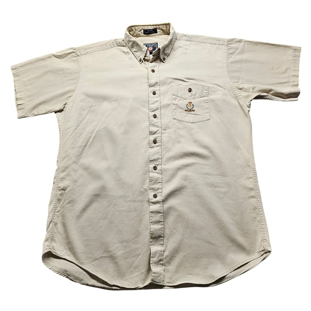 Chaps Ralph Lauren Button Down Shirt Mens L Tan Short Sleeve Cotton Crest Logo